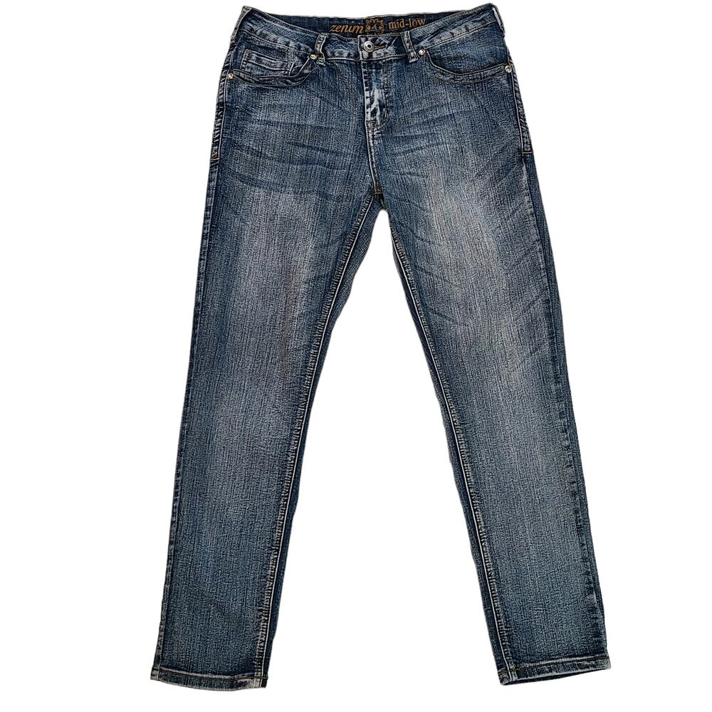 Zenim mid low rise straight leg 5 pocket denim jeans embroidered stones 4